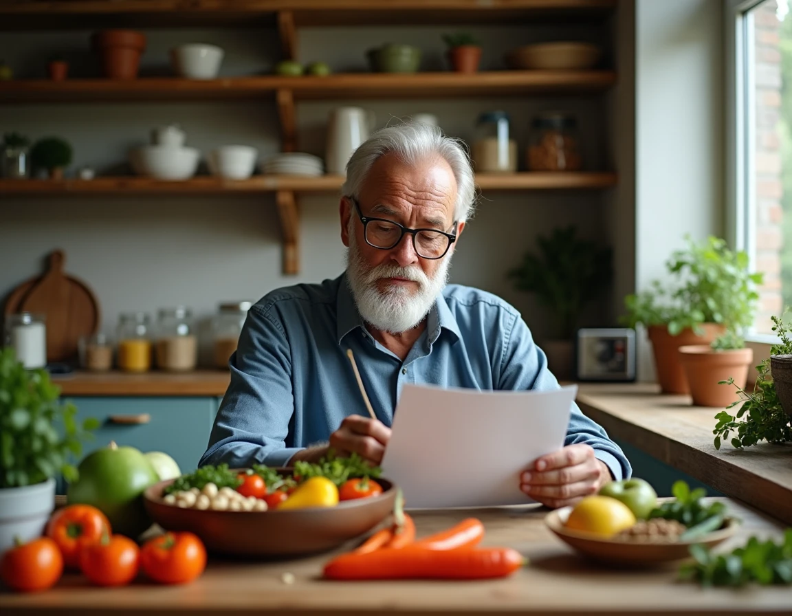 Homme senior préparant un repas équilibré dans sa cuisine pour maintenir une bonne santé après 60 ans