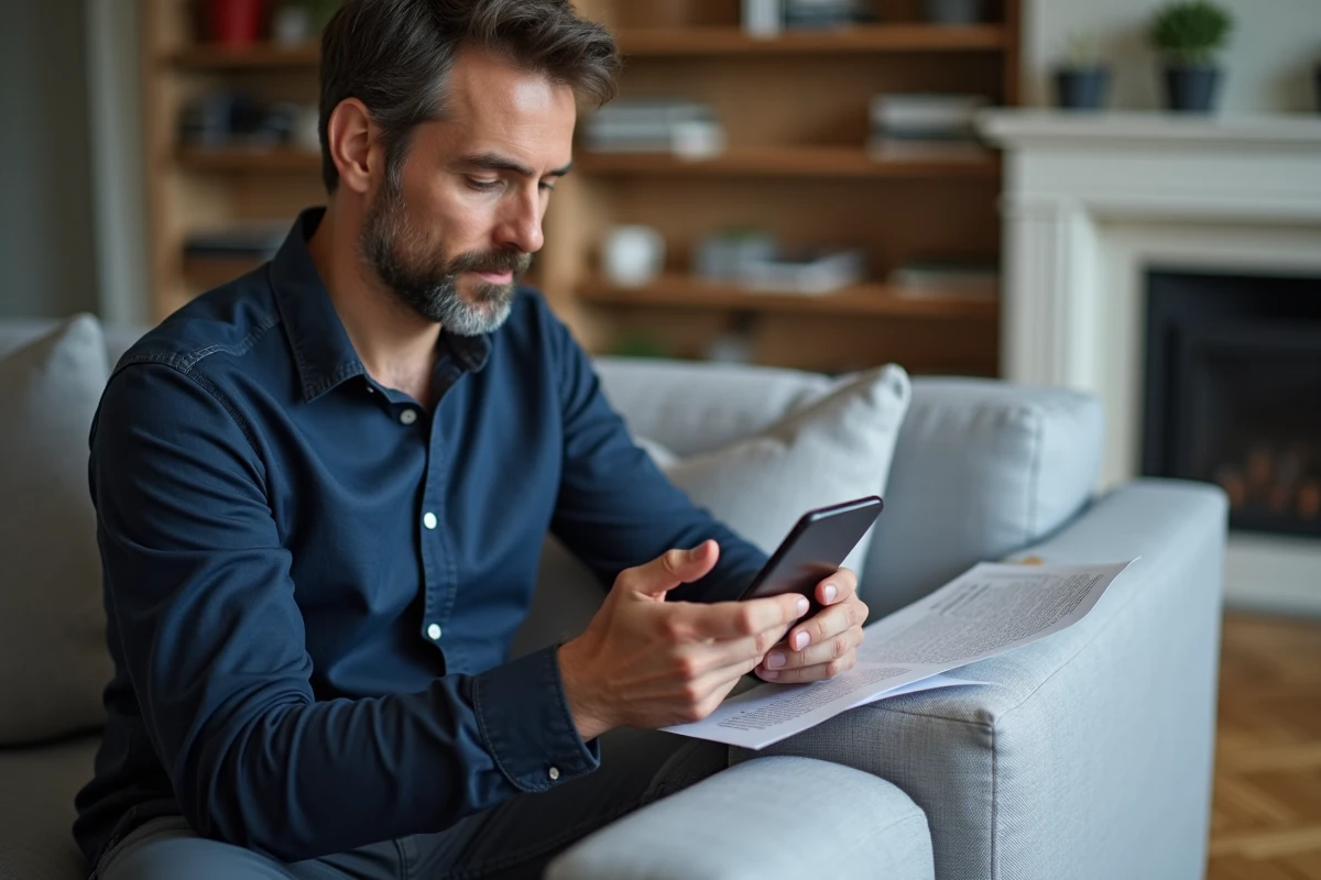 Homme accédant à son espace personnel Foncia sur smartphone pour télécharger une quittance de loyer