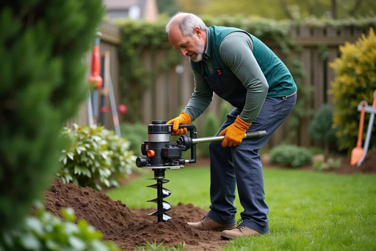 Homme en tenue de travail utilisant un auger thermique dans un jardin