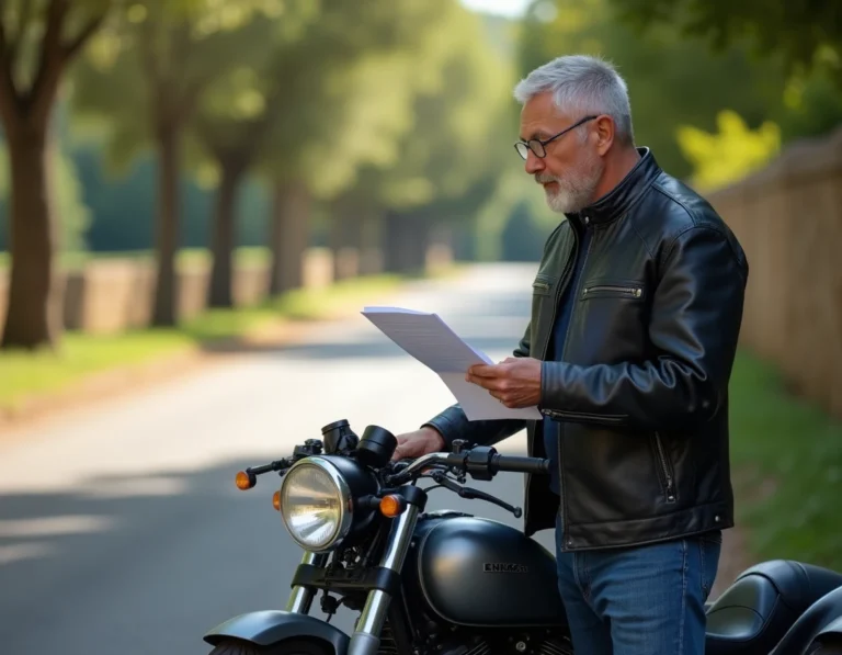 Homme en veste de moto examinant des documents administratifs à côté d'un trike homologué sur une route de campagne française