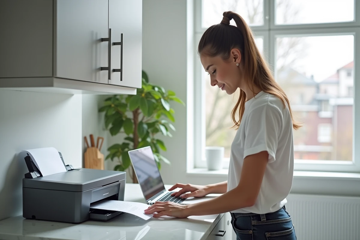 Jeune femme imprimant une quittance de loyer Foncia depuis son espace locataire en ligne à la maison