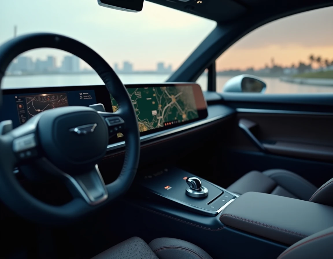 Intérieur futuriste d'une voiture 2024 avec tableau de bord OLED, console centrale en aluminium et sièges en cuir perforé