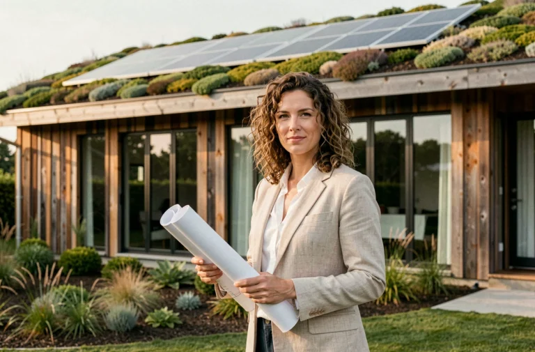 Femme investisseuse immobilière devant une maison écologique avec toiture végétalisée et panneaux solaires