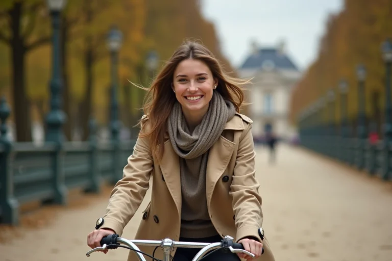 Jeune femme souriante à vélo dans le jardin du Luxembourg