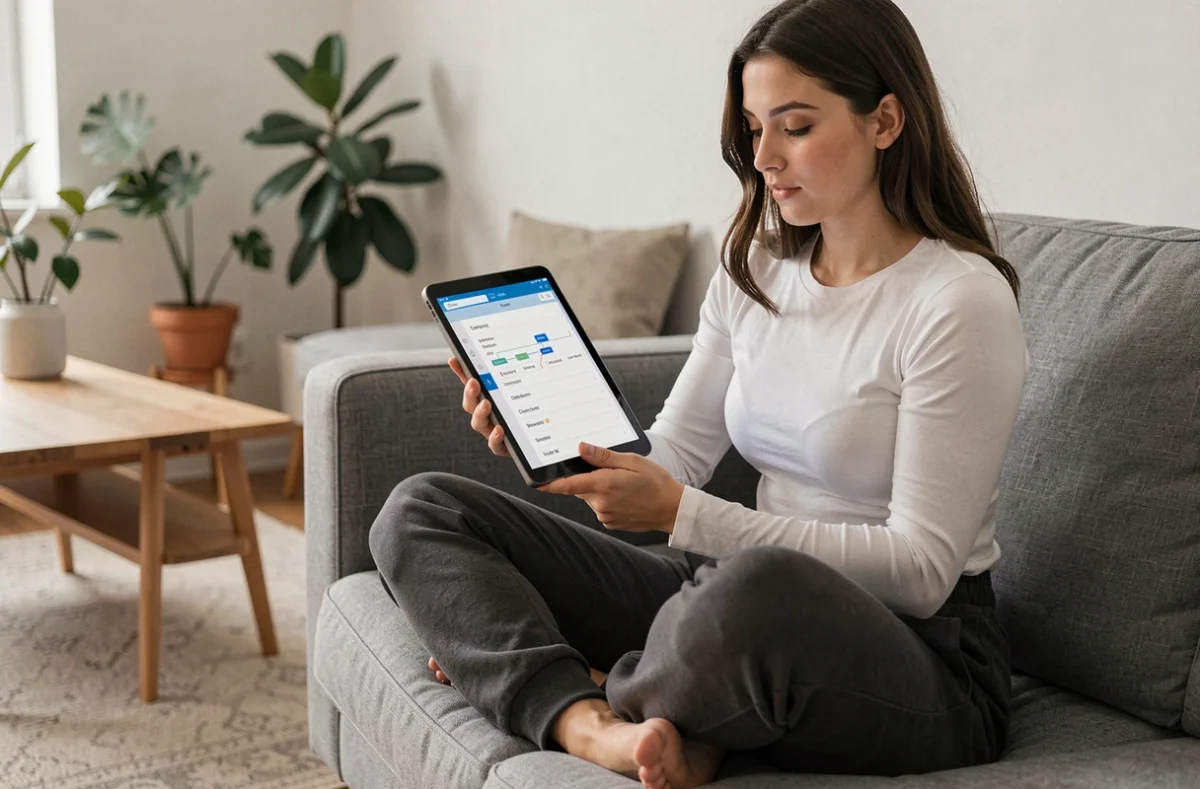 Jeune femme explorant le plan du site sur une tablette dans un salon minimaliste