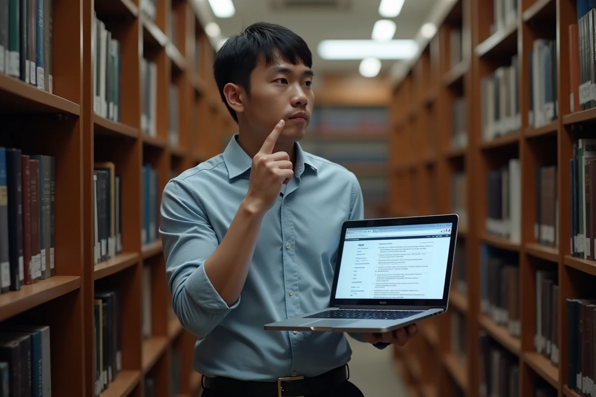 Jeune homme dans une bibliothèque avec ordinateur portable