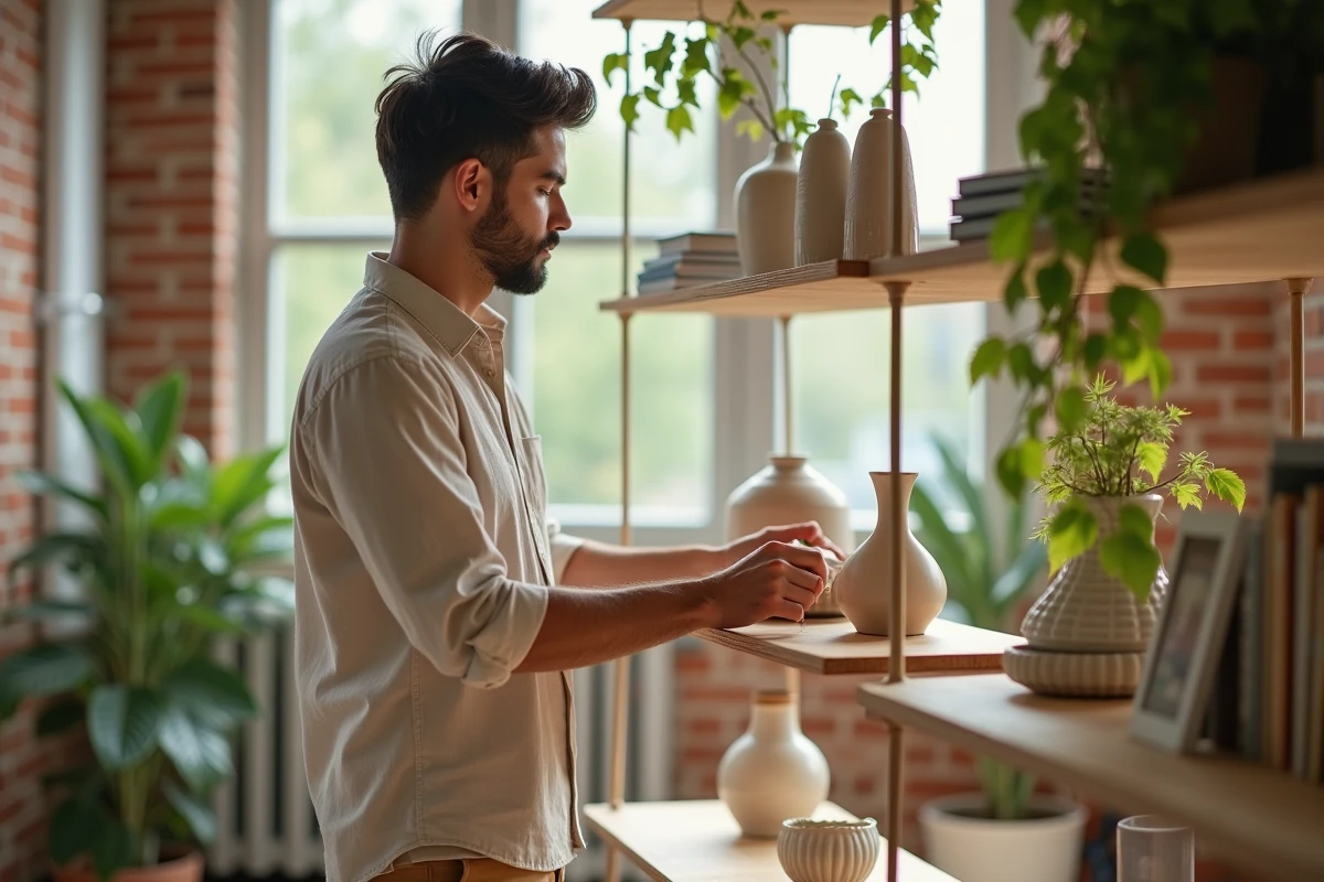 Jeune homme arrangeant des vases dans un loft lumineux