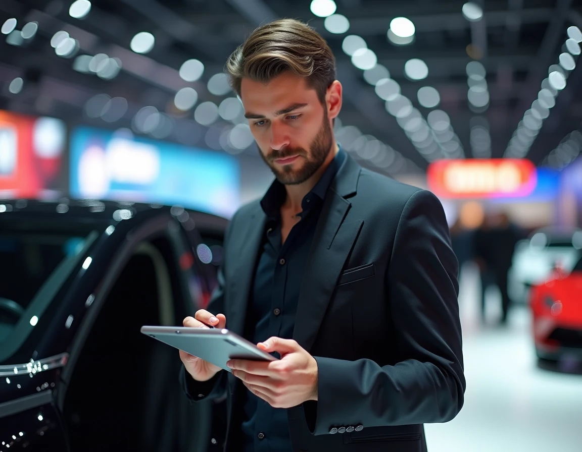 Journaliste automobile masculin prenant des notes sur tablette lors d'un salon international de l'automobile en 2024