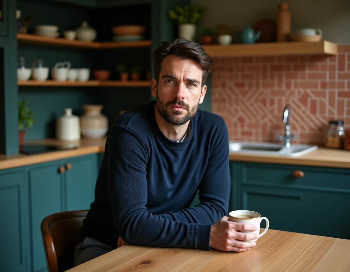 Homme mystérieux aux allures de mari discret de star assis dans une cuisine design au style Shaker vert foncé tenant un mug en céramique