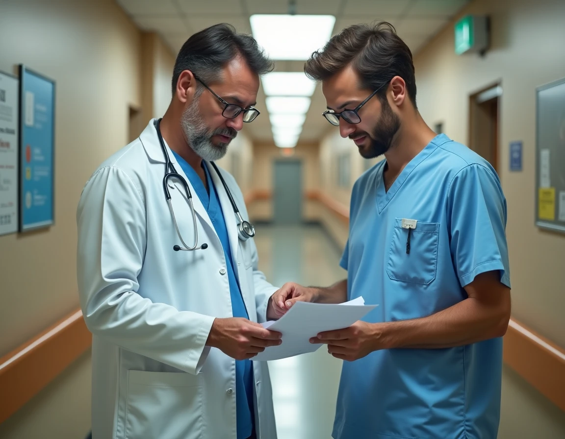 Un médecin et un patient examinent ensemble les documents nécessaires pour un transfert d'hôpital dans un couloir hospitalier
