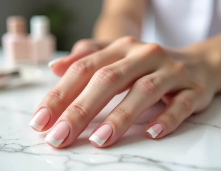 Gros plan sur des ongles en gel présentant une décoloration blanche sous la couche de vernis, posés sur une surface en marbre blanc dans un salon de manucure