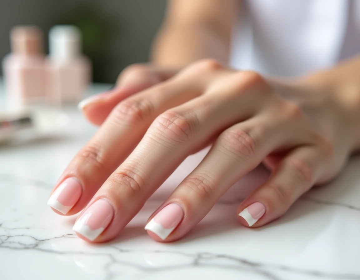 Gros plan sur des ongles en gel présentant une décoloration blanche sous la couche de vernis, posés sur une surface en marbre blanc dans un salon de manucure