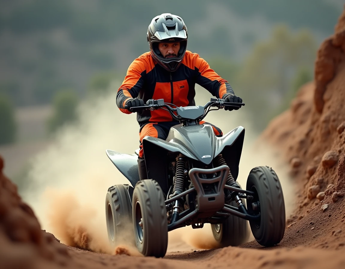 Pilote équipé conduisant un quad Hytrack en action sur un terrain rocheux et accidenté