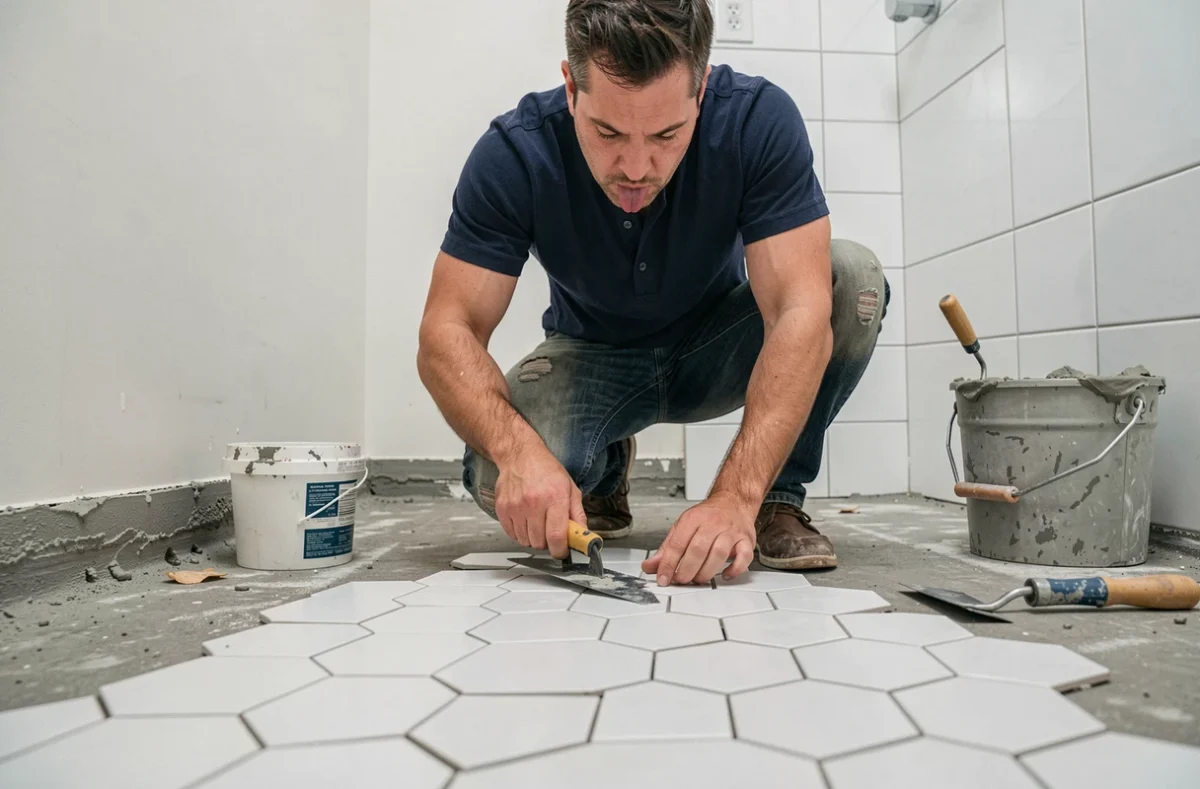 Homme posant des carreaux hexagonaux blancs sur le sol d'une salle de bain lors de travaux de rénovation