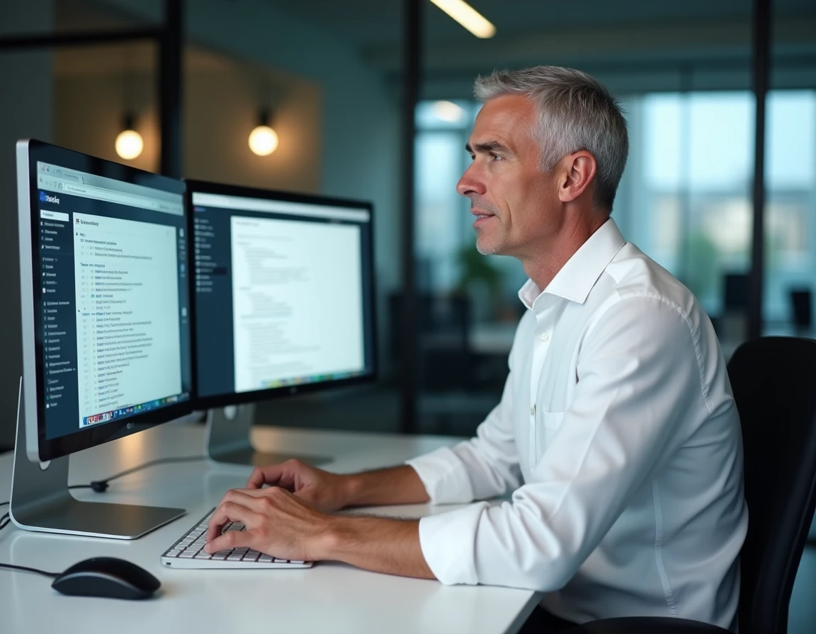 Professionnel comparant des URLs sur deux écrans d'ordinateur pour retrouver la bonne adresse d'un site
