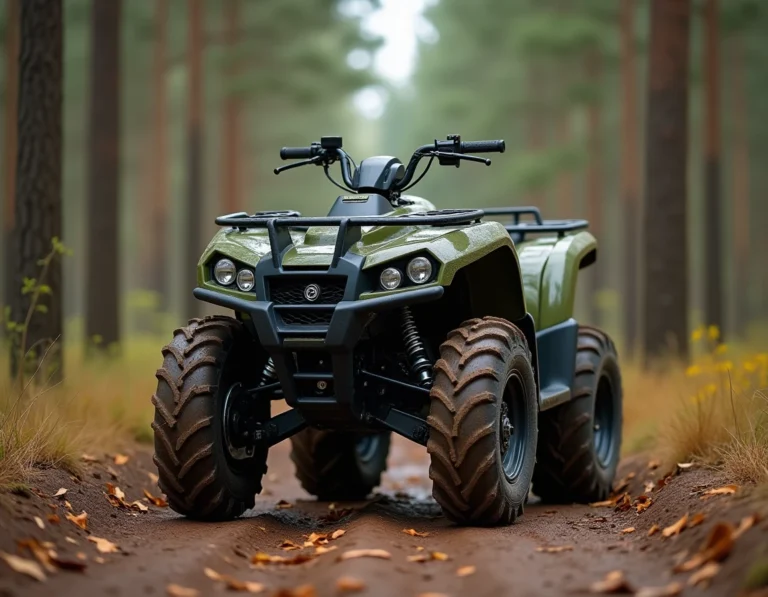 Quad Hytrack garé sur un sentier forestier boueux avec des pneumatiques tout-terrain et une carrosserie verte robuste