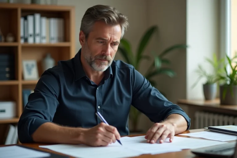 Homme consultant des documents administratifs liés au rachat de rente accident de travail en 2026