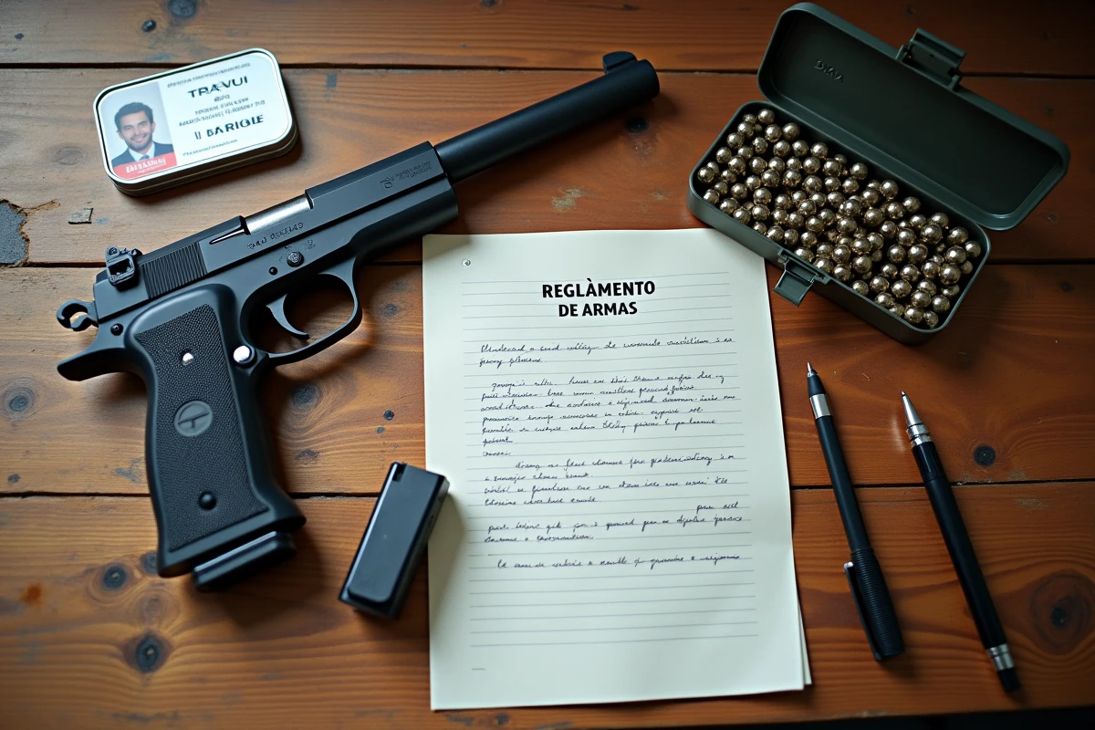 Vue à plat d'un pistolet à plomb démonté avec documents réglementaires espagnols sur armes à air comprimé et carte d'identité, sur un bureau en bois
