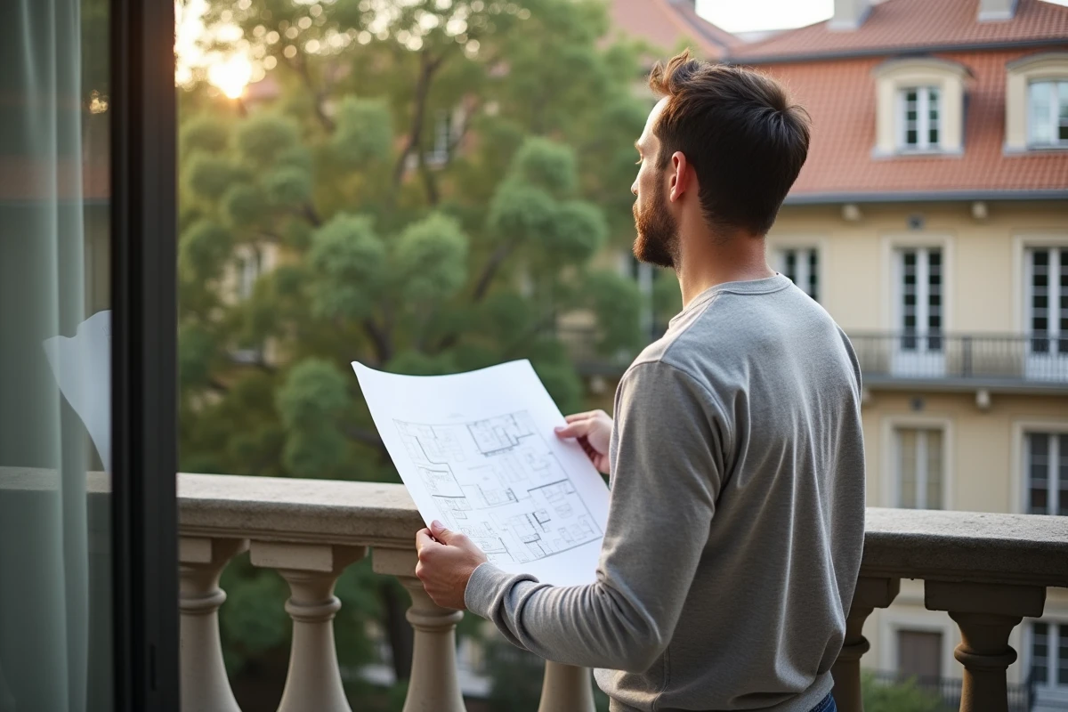 Homme consultant un plan d'appartement sur un balcon avec vue sur une cour résidentielle lyonnaise