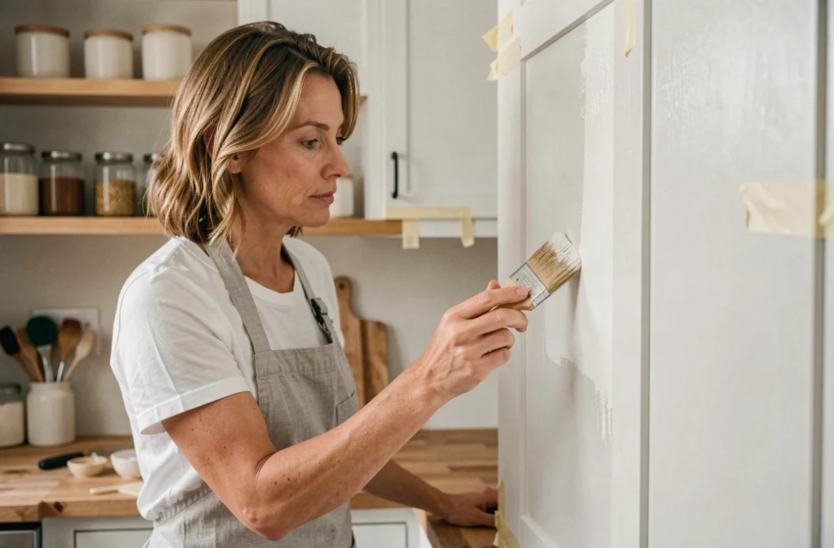 Femme appliquant de la peinture blanche sur un meuble de cuisine dans le cadre d'une rénovation intérieure maison