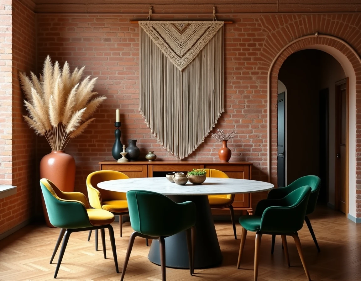 Salle à manger bohème tendance avec table en marbre, chaises velours dépareillées, macramé mural et accessoires artisanaux pour un intérieur original