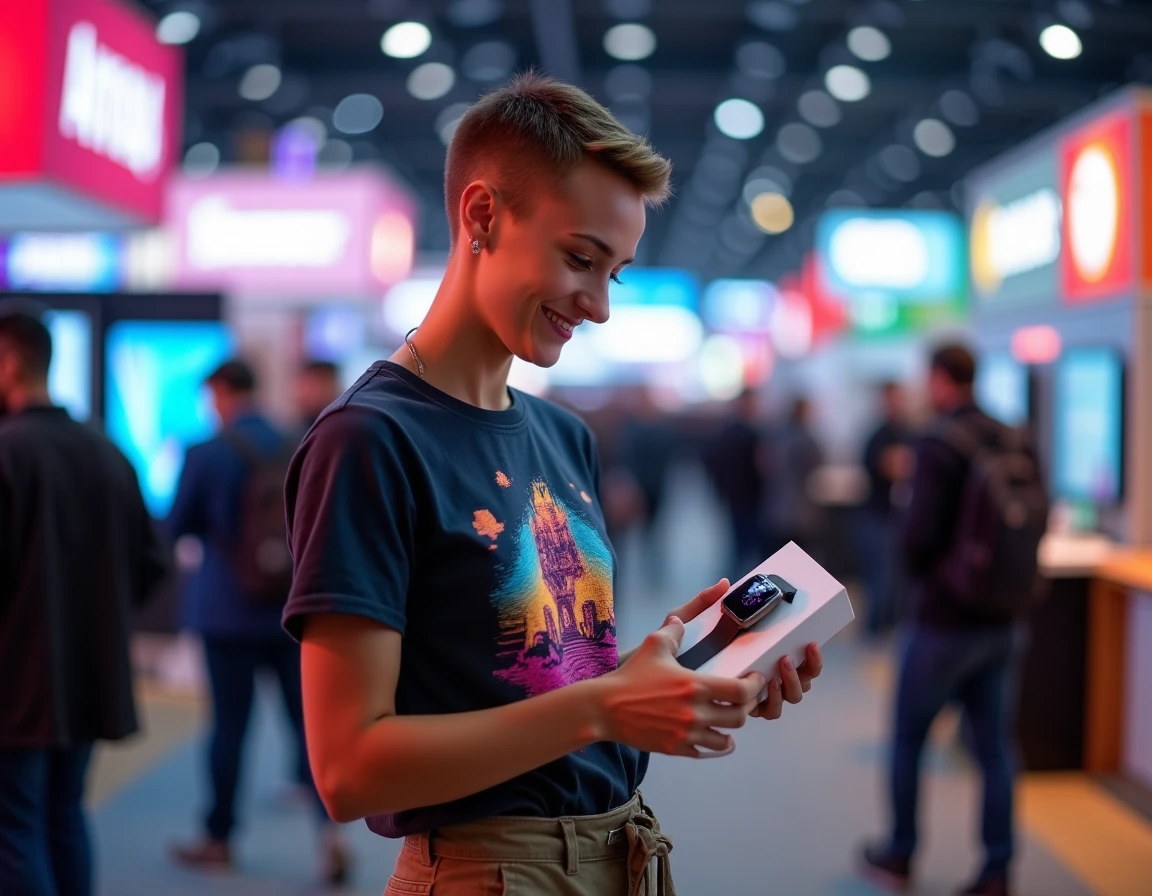 Jeune femme geek tenant une smartwatch lors d'un salon high-tech entouré de stands de réalité virtuelle et de gadgets connectés