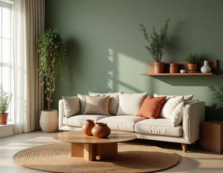 Salon scandinave tendance avec canapé en lin, tapis jute, vases céramiques et mur vert sauge pour une décoration intérieure originale