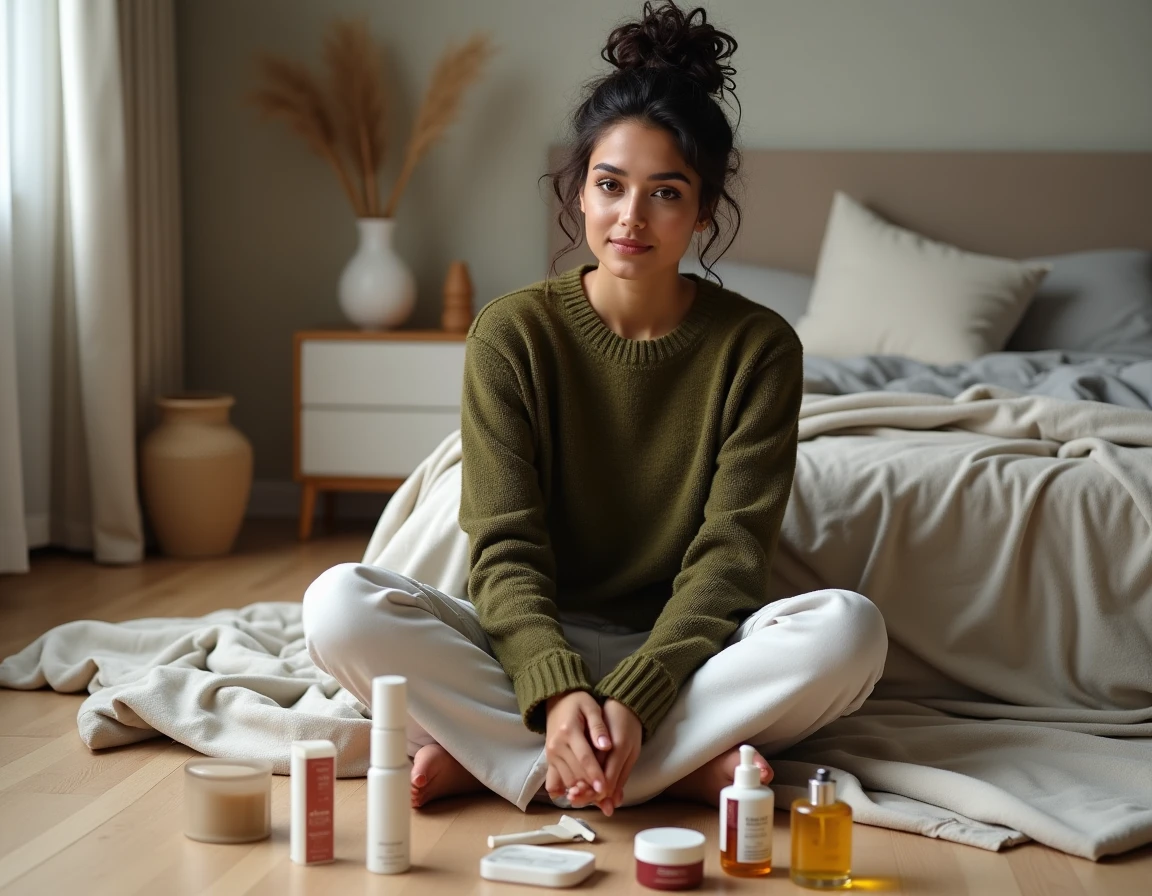 Jeune femme assise sur le sol de sa chambre entourée de produits de beauté variés pour faire son choix de cosmétiques
