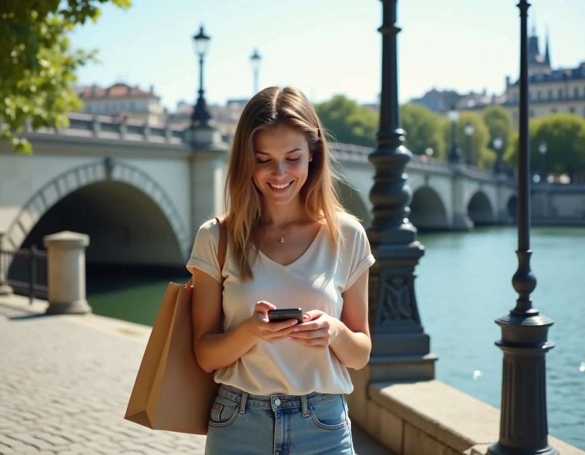 Femme tenant un sac shopping Cupshe Paris au bord de la Seine avec pont parisien en arrière-plan