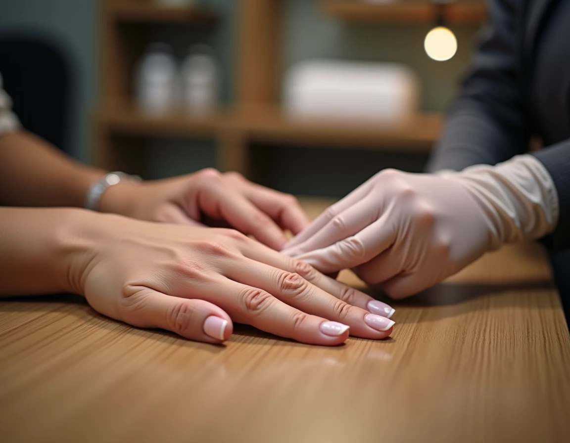 Mains d'une cliente et d'une technicienne en gel dans un salon de manucure professionnel, inspection des taches blanches sous les ongles en gel