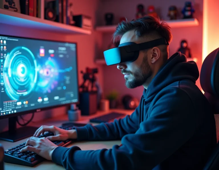 Homme geek dans les années 30 découvrant des lunettes de réalité augmentée dans un bureau gaming high-tech rempli de gadgets et de figurines