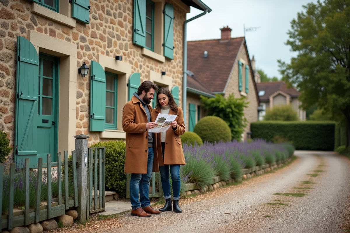 Couple visitant une maison de banlieue française en pierre avec volets verts et jardin fleuri
